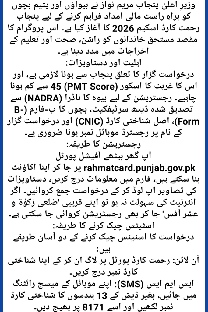 CM Punjab Rahmat Card Online Registration
